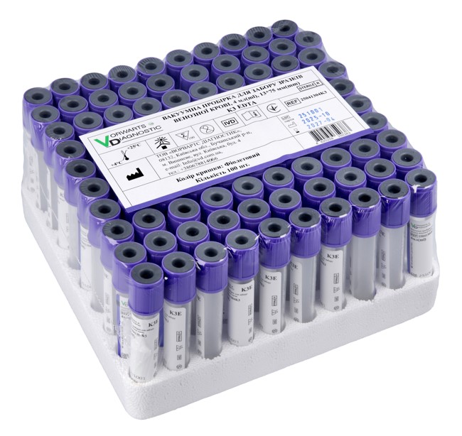 Вакуумна пробірка, 1 мл, 13*75 мм, з K3EDTA,, з фіолетовою кришкою,100 шт. стерильна